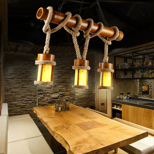 3 Bulbs Bamboo Island Lighting Vintage Wood Cylindrical Coffee House Pendant Lamp with Rope Cord Wood Clearhalo 'Ceiling Lights' 'Chandeliers' 'Glass shade' 'Glass' 'Island Lights' Lighting' 493758