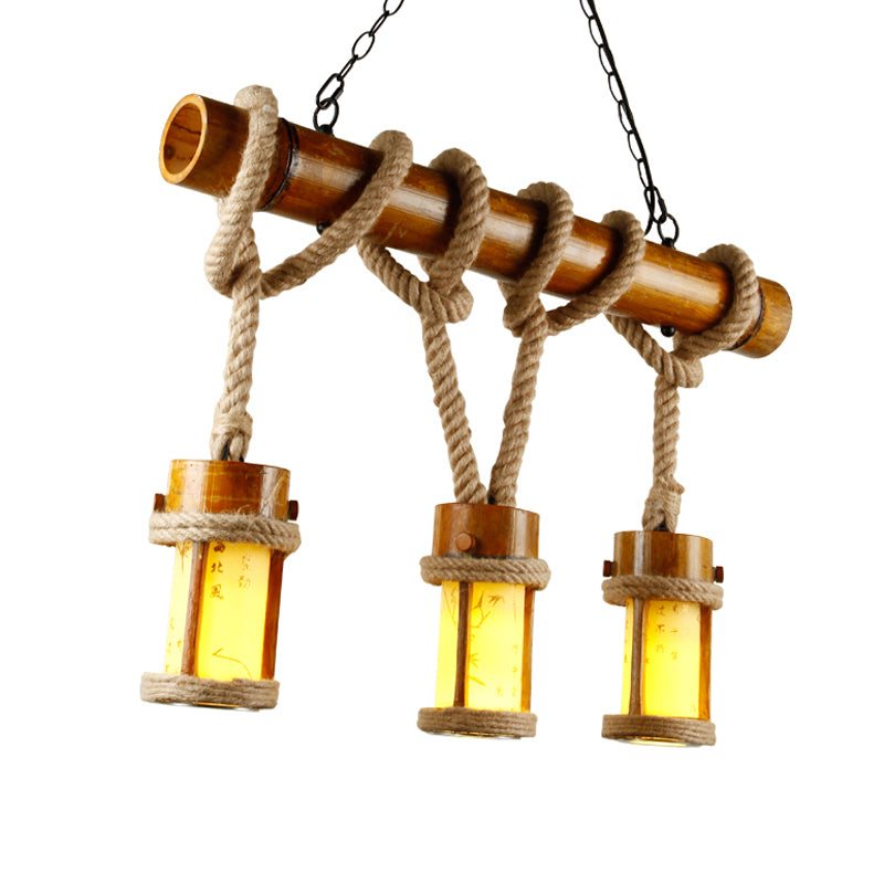 3 Bulbs Bamboo Island Lighting Vintage Wood Cylindrical Coffee House Pendant Lamp with Rope Cord Clearhalo 'Ceiling Lights' 'Chandeliers' 'Glass shade' 'Glass' 'Island Lights' Lighting' 493760