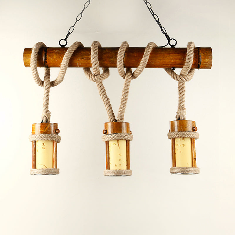 3 Bulbs Bamboo Island Lighting Vintage Wood Cylindrical Coffee House Pendant Lamp with Rope Cord Clearhalo 'Ceiling Lights' 'Chandeliers' 'Glass shade' 'Glass' 'Island Lights' Lighting' 493761