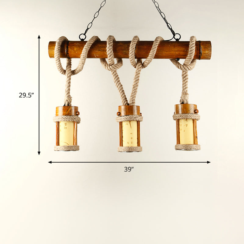 3 Bulbs Bamboo Island Lighting Vintage Wood Cylindrical Coffee House Pendant Lamp with Rope Cord Clearhalo 'Ceiling Lights' 'Chandeliers' 'Glass shade' 'Glass' 'Island Lights' Lighting' 493762