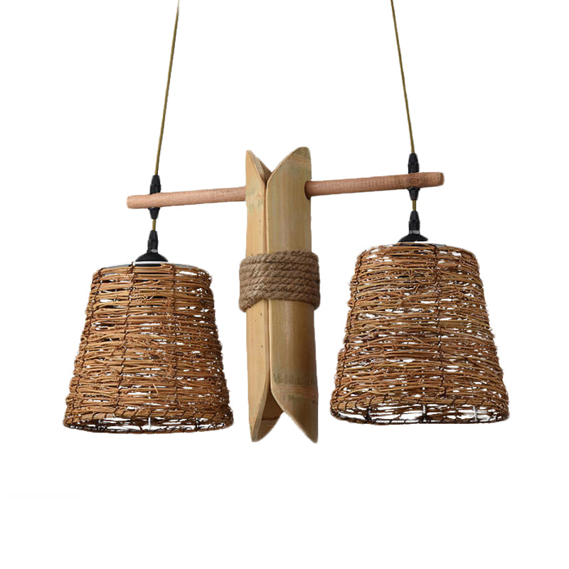 Rope Barrel Hanging Chandelier Farmhouse 2 Lights Restaurant Pendant Lamp in Beige with Bamboo Panel Deco Clearhalo 'Ceiling Lights' 'Chandeliers' 'Industrial Chandeliers' 'Industrial' 'Middle Century Chandeliers' 'Tiffany' Lighting' 493813