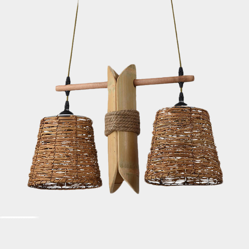 Rope Barrel Hanging Chandelier Farmhouse 2 Lights Restaurant Pendant Lamp in Beige with Bamboo Panel Deco Clearhalo 'Ceiling Lights' 'Chandeliers' 'Industrial Chandeliers' 'Industrial' 'Middle Century Chandeliers' 'Tiffany' Lighting' 493814