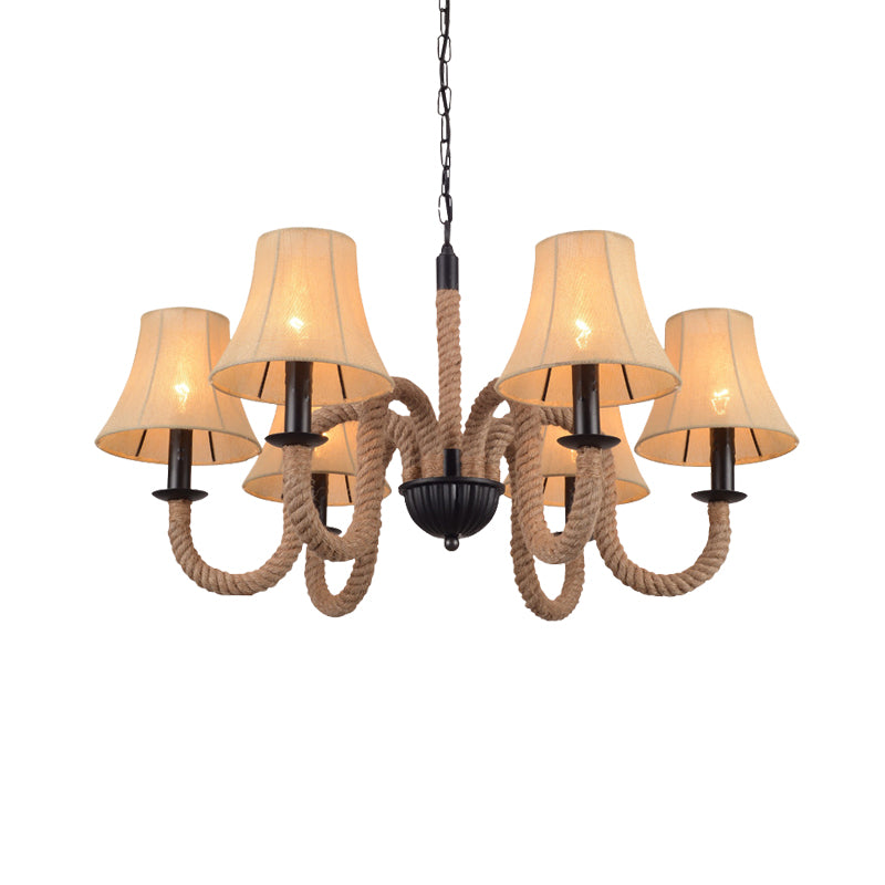 Vintage Curved Arm Ceiling Chandelier 6 Bulbs Rope Hanging Light Fixture in Beige with Empire Fabric Shade Clearhalo 'Ceiling Lights' 'Chandeliers' 'Industrial Chandeliers' 'Industrial' 'Middle Century Chandeliers' 'Tiffany' Lighting' 493818