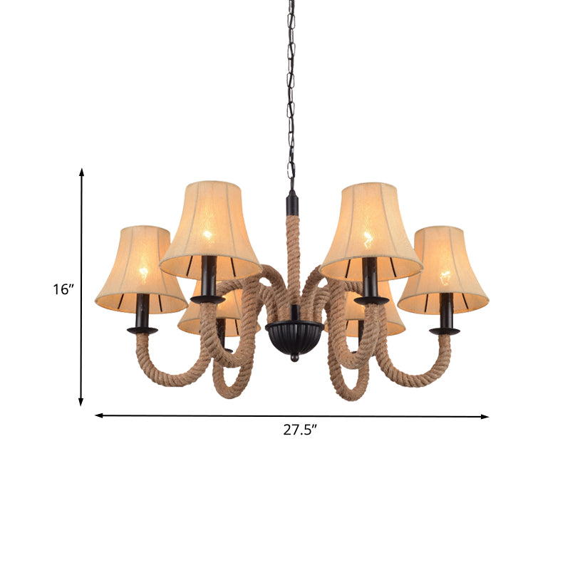 Vintage Curved Arm Ceiling Chandelier 6 Bulbs Rope Hanging Light Fixture in Beige with Empire Fabric Shade Clearhalo 'Ceiling Lights' 'Chandeliers' 'Industrial Chandeliers' 'Industrial' 'Middle Century Chandeliers' 'Tiffany' Lighting' 493820