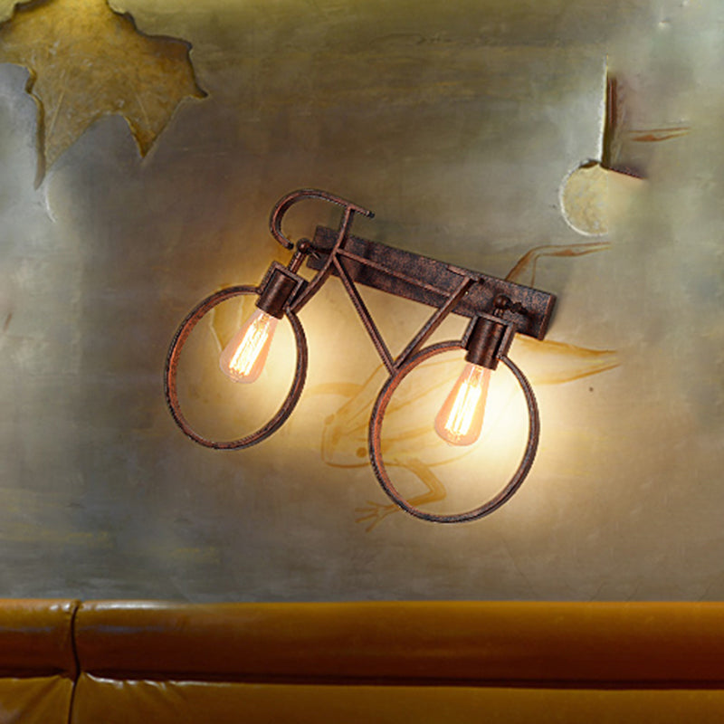 2 Lights Bicycle Wall Lighting Industrial Vintage Dark Rust Wrought Iron Sconce Lamp for Restaurant Clearhalo 'Art deco wall lights' 'Cast Iron' 'Glass' 'Industrial wall lights' 'Industrial' 'Middle century wall lights' 'Modern' 'Rustic wall lights' 'Tiffany' 'Traditional wall lights' 'Wall Lamps & Sconces' 'Wall Lights' Lighting' 493851