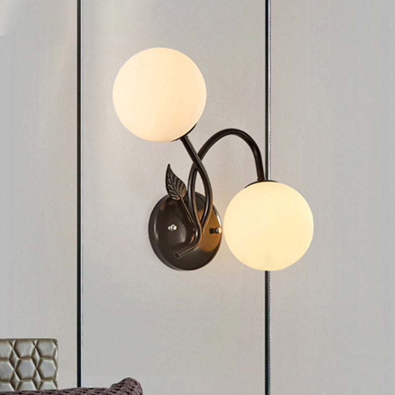 Double Globe Opal Glass Wall Light Modern 2-Bulb Coffee Shop Sconce Lamp in Black/Gold Clearhalo 'Cast Iron' 'Glass' 'Industrial' 'Modern wall lights' 'Modern' 'Tiffany' 'Traditional wall lights' 'Wall Lamps & Sconces' 'Wall Lights' Lighting' 493888