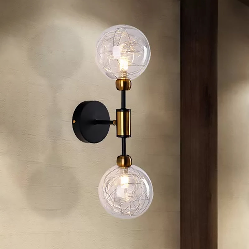 1/2 Lights Orb Wall Light Fixture Vintage Clear Glass Shade Wall Sconce Lighting in Black/Gold Clearhalo 'Cast Iron' 'Glass' 'Industrial' 'Modern wall lights' 'Modern' 'Tiffany' 'Traditional wall lights' 'Vanity Lights' 'Wall Lights' Lighting' 493904