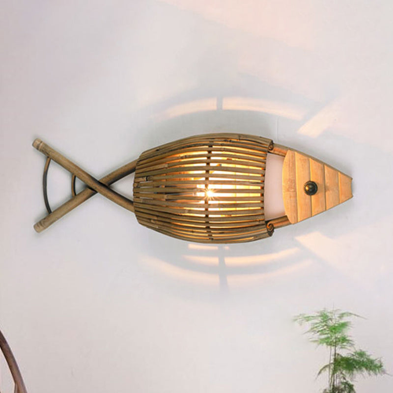 Tropical Style Fish Design Wall Mount Light Bamboo 1-Light Dining Room Sconce Lighting in Wood Clearhalo 'Modern wall lights' 'Modern' 'Wall Lamps & Sconces' 'Wall Lights' Lighting' 493928