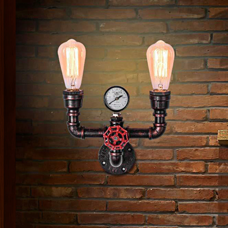 Antique Copper Water Pipe Wall Lighting with Pressure Gauge Rustic Iron 2/3 Heads Restaurant Wall Mount Light Clearhalo 'Art deco wall lights' 'Cast Iron' 'Glass' 'Industrial wall lights' 'Industrial' 'Middle century wall lights' 'Modern' 'Rustic wall lights' 'Tiffany' 'Traditional wall lights' 'Wall Lamps & Sconces' 'Wall Lights' Lighting' 493936