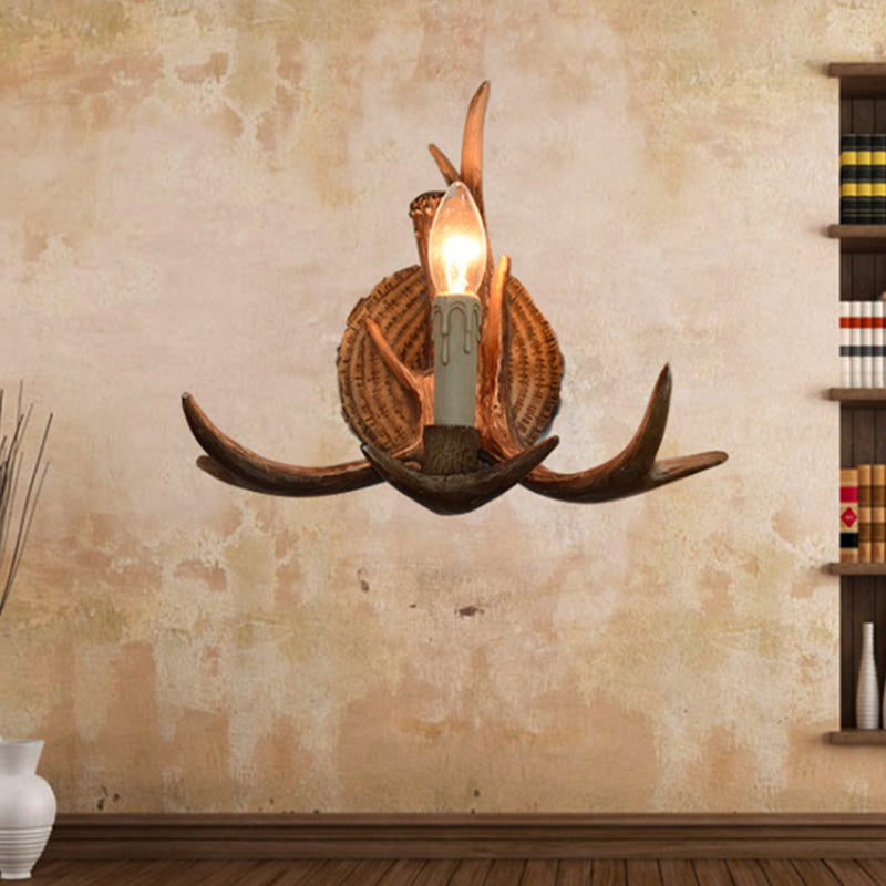 Resin Candle Wall Sconce with Antlers Deco 1 Head Rustic Wall Light in Brown for Cottage Clearhalo 'Wall Lamps & Sconces' 'Wall Lights' Lighting' 493981