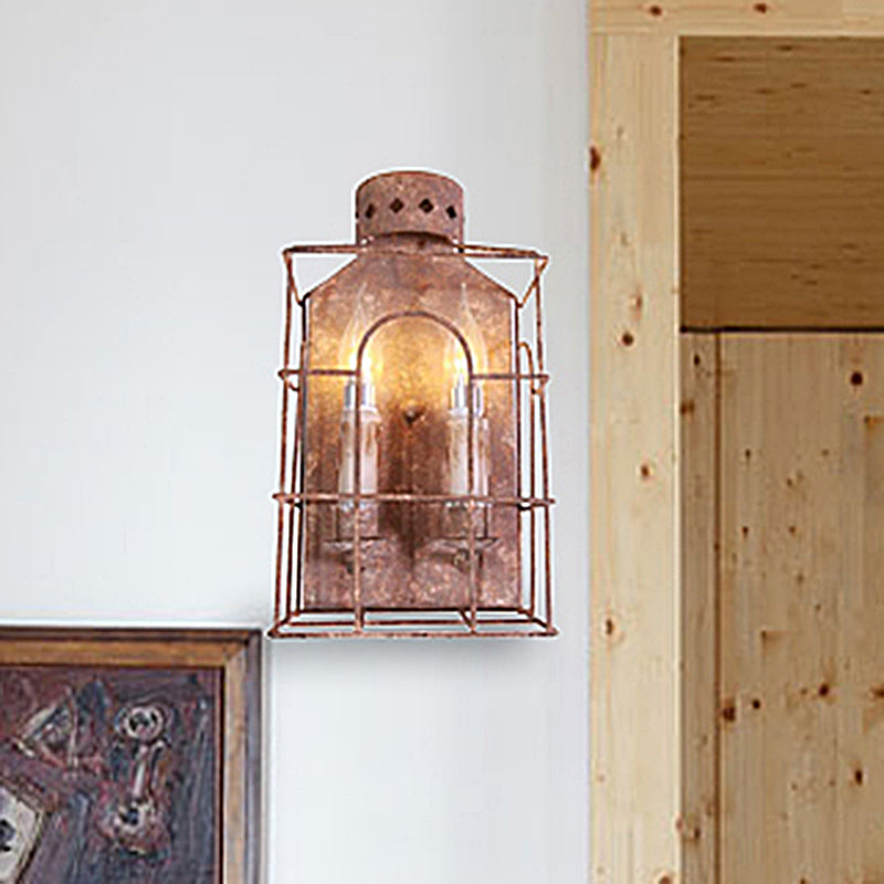 Metal Wire Cage Wall Sconce Light 2-Light Vintage Sconce Lamp in Rust for Hallway Corridor Clearhalo 'Art deco wall lights' 'Cast Iron' 'Glass' 'Industrial wall lights' 'Industrial' 'Middle century wall lights' 'Modern' 'Rustic wall lights' 'Tiffany' 'Traditional wall lights' 'Wall Lamps & Sconces' 'Wall Lights' Lighting' 493989