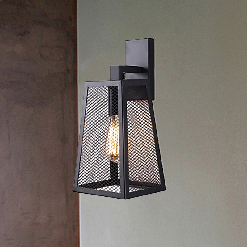 Black Mesh Cage Sconce Lamp with Trapezoid Shade Farmhouse Style Metal 1 Light Indoor Wall Sconce Light Clearhalo 'Art deco wall lights' 'Cast Iron' 'Glass' 'Industrial wall lights' 'Industrial' 'Middle century wall lights' 'Modern' 'Rustic wall lights' 'Tiffany' 'Traditional wall lights' 'Wall Lamps & Sconces' 'Wall Lights' Lighting' 493991