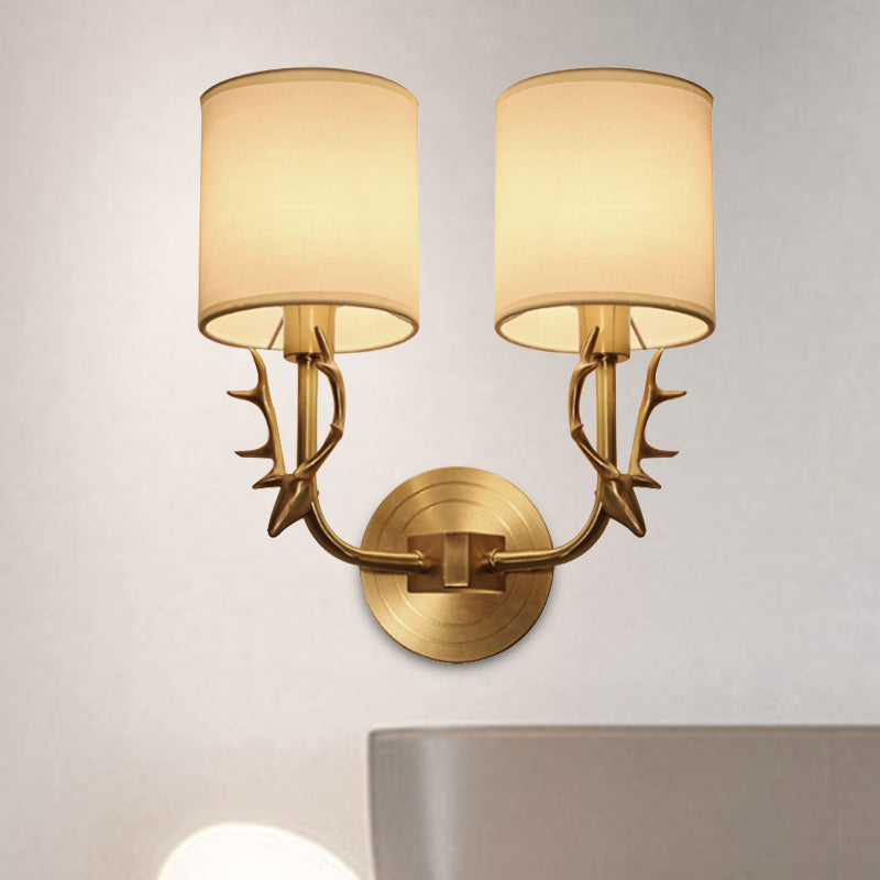 Modernism 1/2 Lights Wall Sconce with Fabric Shade Black/Gold Cylinder Wall Mount Light Fixture with Metal Antler Clearhalo 'Cast Iron' 'Glass' 'Industrial' 'Modern wall lights' 'Modern' 'Tiffany' 'Traditional wall lights' 'Wall Lamps & Sconces' 'Wall Lights' Lighting' 494051