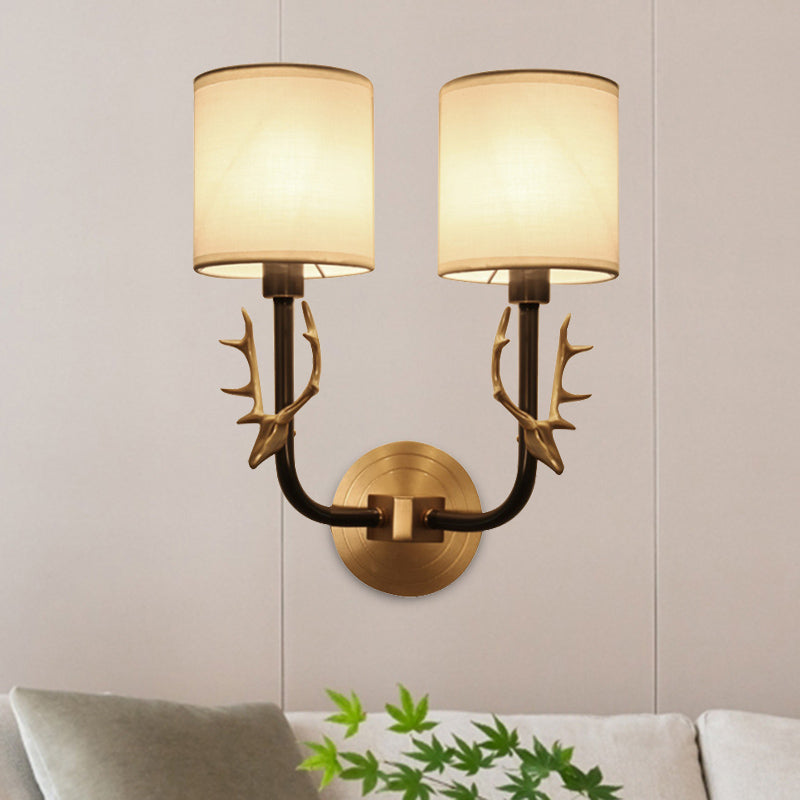 Modernism 1/2 Lights Wall Sconce with Fabric Shade Black/Gold Cylinder Wall Mount Light Fixture with Metal Antler Clearhalo 'Cast Iron' 'Glass' 'Industrial' 'Modern wall lights' 'Modern' 'Tiffany' 'Traditional wall lights' 'Wall Lamps & Sconces' 'Wall Lights' Lighting' 494052