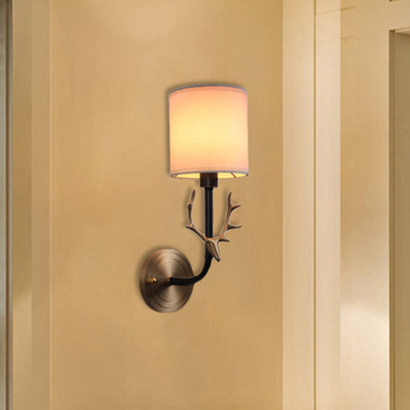 Modernism 1/2 Lights Wall Sconce with Fabric Shade Black/Gold Cylinder Wall Mount Light Fixture with Metal Antler Clearhalo 'Cast Iron' 'Glass' 'Industrial' 'Modern wall lights' 'Modern' 'Tiffany' 'Traditional wall lights' 'Wall Lamps & Sconces' 'Wall Lights' Lighting' 494053