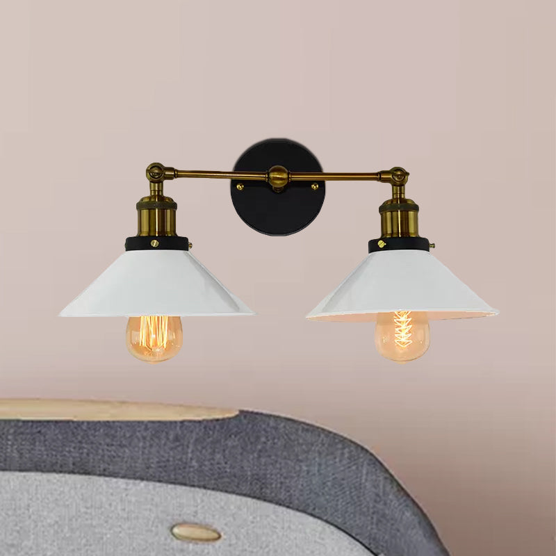 2 Heads Wall Light Industrial Stylish Conical Shade Metal Wall Sconce Lighting in Black/White for Living Room Clearhalo 'Cast Iron' 'Glass' 'Industrial' 'Modern wall lights' 'Modern' 'Tiffany' 'Traditional wall lights' 'Wall Lamps & Sconces' 'Wall Lights' Lighting' 494054