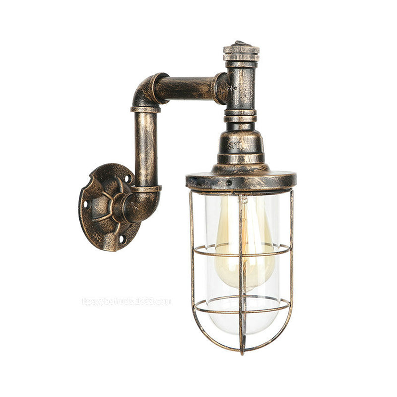 Iron Aged Brass Wall Fixture Light Wire Cage 1 Bulb Rustic Stylish Wall Mount Light with Plumbing Pipe Antique Brass B Clearhalo 'Art deco wall lights' 'Cast Iron' 'Glass' 'Industrial wall lights' 'Industrial' 'Middle century wall lights' 'Modern' 'Rustic wall lights' 'Tiffany' 'Traditional wall lights' 'Wall Lamps & Sconces' 'Wall Lights' Lighting' 49413