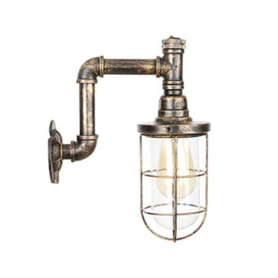 Iron Aged Brass Wall Fixture Light Wire Cage 1 Bulb Rustic Stylish Wall Mount Light with Plumbing Pipe Clearhalo 'Art deco wall lights' 'Cast Iron' 'Glass' 'Industrial wall lights' 'Industrial' 'Middle century wall lights' 'Modern' 'Rustic wall lights' 'Tiffany' 'Traditional wall lights' 'Wall Lamps & Sconces' 'Wall Lights' Lighting' 49414