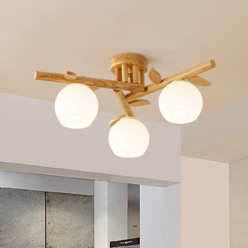 Sphere Dining Room Ceiling Lamp Opal Glass Creative Semi Flush Ceiling Light with Wooden Branch in Beige Clearhalo 'Ceiling Lights' 'Close To Ceiling Lights' 'Close to ceiling' 'Semi-flushmount' Lighting' 494149