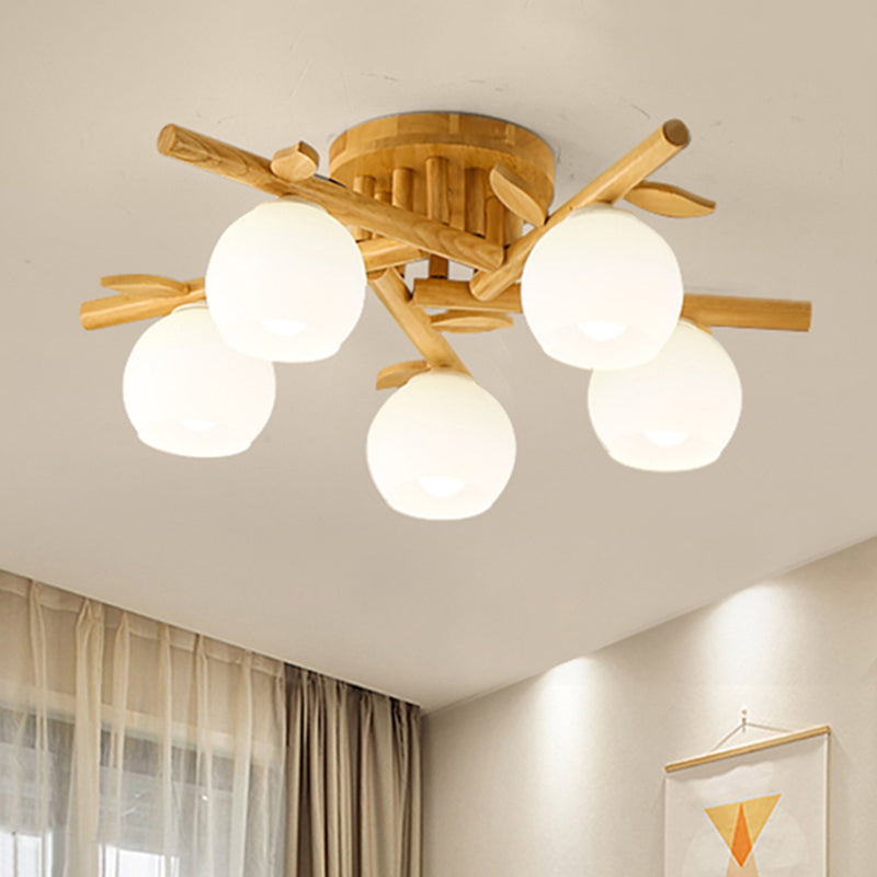 Sphere Dining Room Ceiling Lamp Opal Glass Creative Semi Flush Ceiling Light with Wooden Branch in Beige Clearhalo 'Ceiling Lights' 'Close To Ceiling Lights' 'Close to ceiling' 'Semi-flushmount' Lighting' 494150