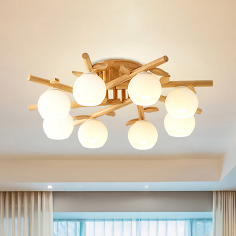 Sphere Dining Room Ceiling Lamp Opal Glass Creative Semi Flush Ceiling Light with Wooden Branch in Beige Clearhalo 'Ceiling Lights' 'Close To Ceiling Lights' 'Close to ceiling' 'Semi-flushmount' Lighting' 494151