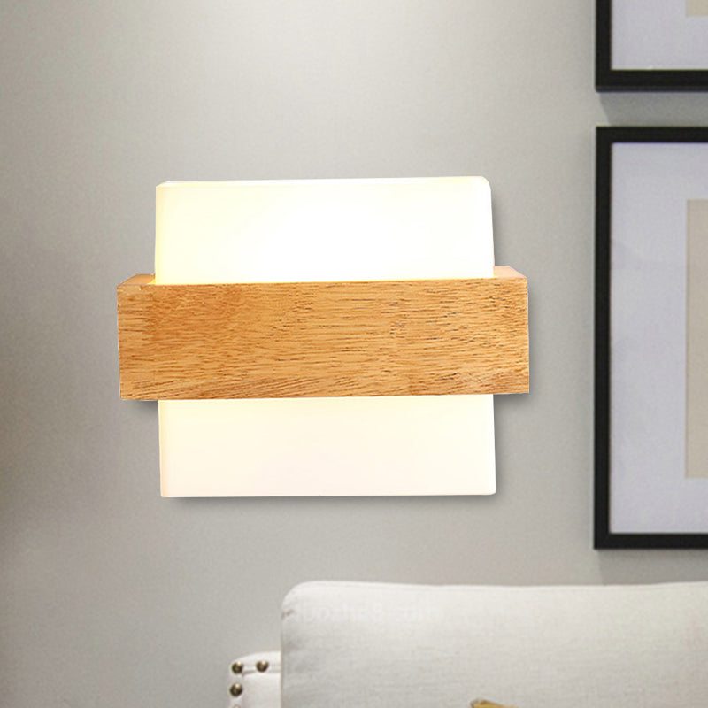 Cube Shade Study Room Sconce Lamp with Wood Deco Milk Glass 1 Light Japanese Wall Lamp in White Clearhalo 'Modern wall lights' 'Modern' 'Wall Lamps & Sconces' 'Wall Lights' Lighting' 494164