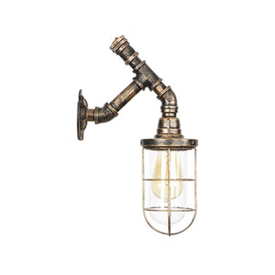 Iron Aged Brass Wall Fixture Light Wire Cage 1 Bulb Rustic Stylish Wall Mount Light with Plumbing Pipe Antique Brass D Clearhalo 'Art deco wall lights' 'Cast Iron' 'Glass' 'Industrial wall lights' 'Industrial' 'Middle century wall lights' 'Modern' 'Rustic wall lights' 'Tiffany' 'Traditional wall lights' 'Wall Lamps & Sconces' 'Wall Lights' Lighting' 49417