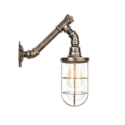 Iron Aged Brass Wall Fixture Light Wire Cage 1 Bulb Rustic Stylish Wall Mount Light with Plumbing Pipe Clearhalo 'Art deco wall lights' 'Cast Iron' 'Glass' 'Industrial wall lights' 'Industrial' 'Middle century wall lights' 'Modern' 'Rustic wall lights' 'Tiffany' 'Traditional wall lights' 'Wall Lamps & Sconces' 'Wall Lights' Lighting' 49418
