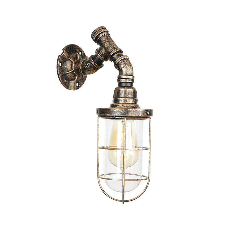 Iron Aged Brass Wall Fixture Light Wire Cage 1 Bulb Rustic Stylish Wall Mount Light with Plumbing Pipe Clearhalo 'Art deco wall lights' 'Cast Iron' 'Glass' 'Industrial wall lights' 'Industrial' 'Middle century wall lights' 'Modern' 'Rustic wall lights' 'Tiffany' 'Traditional wall lights' 'Wall Lamps & Sconces' 'Wall Lights' Lighting' 49423