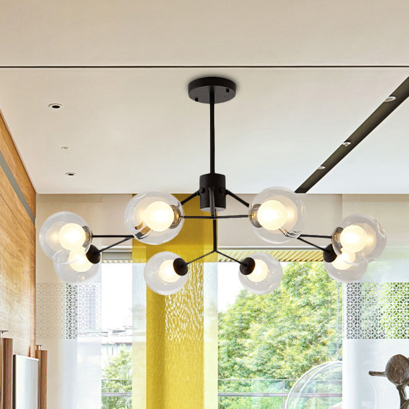 Contemporary Twig Shaped Chandelier with Orb Shade 3/6/8/10 Heads Metallic Pendant Light for Dining Room 8 Black Clearhalo 'Ceiling Lights' 'Chandeliers' 'Modern Chandeliers' 'Modern' Lighting' 494296