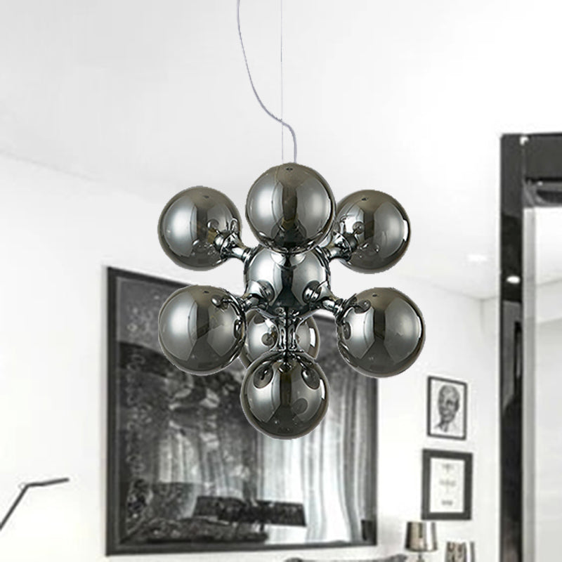 Contemporary Round Shade Chandelier Amber/Smoke/White Glass 9 Lights Pendant Lighting for Hotel Dining Room Clearhalo 'Ceiling Lights' 'Chandeliers' 'Glass shade' 'Glass' 'Modern Chandeliers' 'Modern' Lighting' 494326