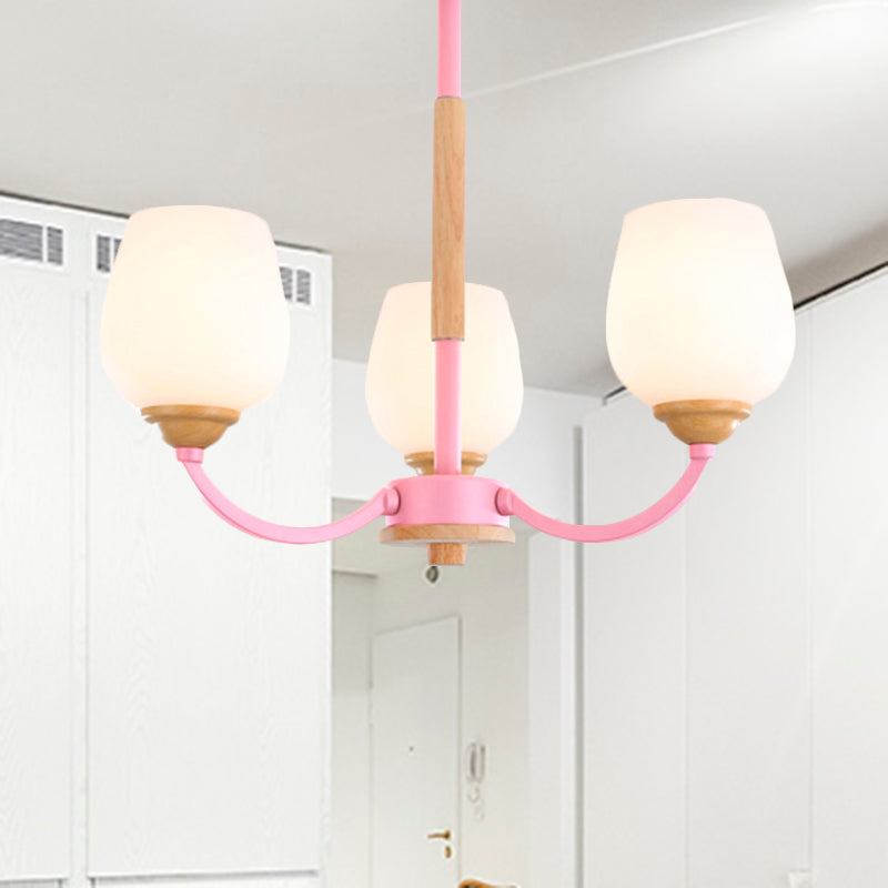 Macaron Loft Bud Shade Chandelier Light Milk Glass Pendant Light in Green/Grey/Pink/White for Child Bedroom Clearhalo 'Ceiling Lights' 'Chandeliers' 'Glass shade' 'Glass' 'Modern Chandeliers' 'Modern' Lighting' 494327