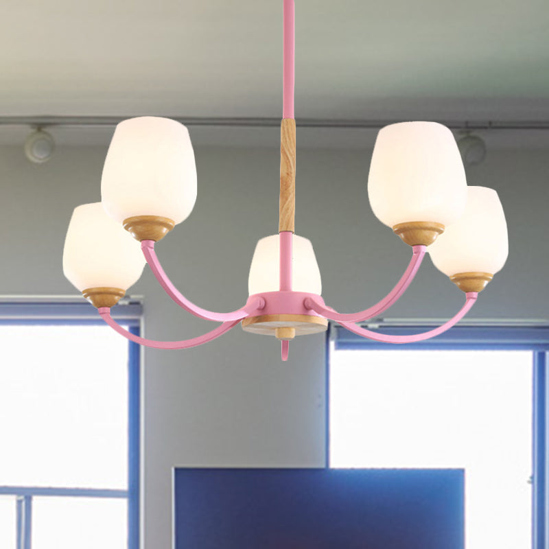 Macaron Loft Bud Shade Chandelier Light Milk Glass Pendant Light in Green/Grey/Pink/White for Child Bedroom Clearhalo 'Ceiling Lights' 'Chandeliers' 'Glass shade' 'Glass' 'Modern Chandeliers' 'Modern' Lighting' 494328