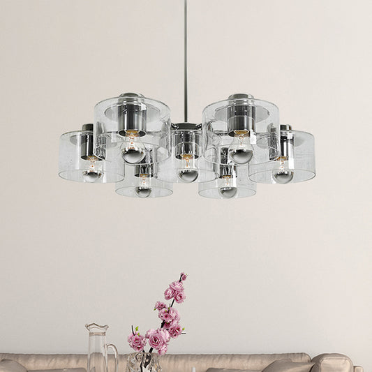 Study Room Drum Pendant Lighting Clear Glass 7 Heads Simple Style Chrome E27 Chandelier Clearhalo 'Ceiling Lights' 'Chandeliers' 'Glass shade' 'Glass' 'Modern Chandeliers' 'Modern' Lighting' 494338