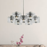 Study Room Drum Pendant Lighting Clear Glass 7 Heads Simple Style Chrome E27 Chandelier Clearhalo 'Ceiling Lights' 'Chandeliers' 'Glass shade' 'Glass' 'Modern Chandeliers' 'Modern' Lighting' 494338