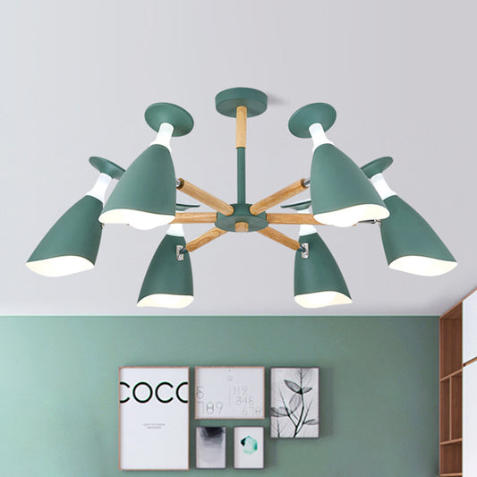 Rotatable Nordic Green/Grey/White Suspension Light Goblet Shade 3/6 Heads Metal Wood Chandelier for Office Shop 6 Green Clearhalo 'Ceiling Lights' 'Chandeliers' 'Modern Chandeliers' 'Modern' Lighting' 494358