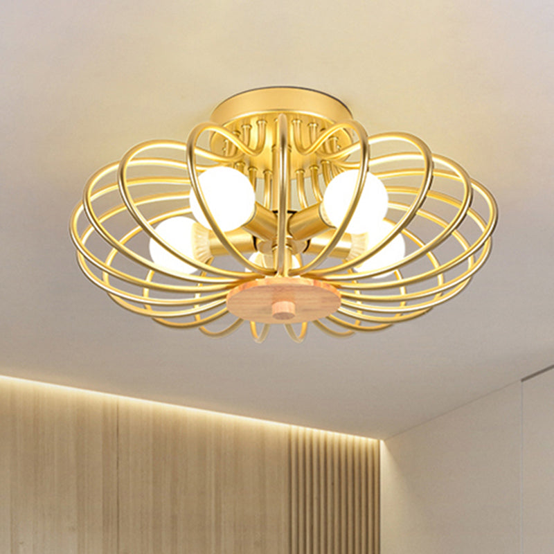 Melon Wire Frame Flush Mount Light Contemporary Metallic Ceiling Light in Gold for Corridor 5 Gold Clearhalo 'Ceiling Lights' 'Close To Ceiling Lights' 'Close to ceiling' 'Semi-flushmount' Lighting' 494375