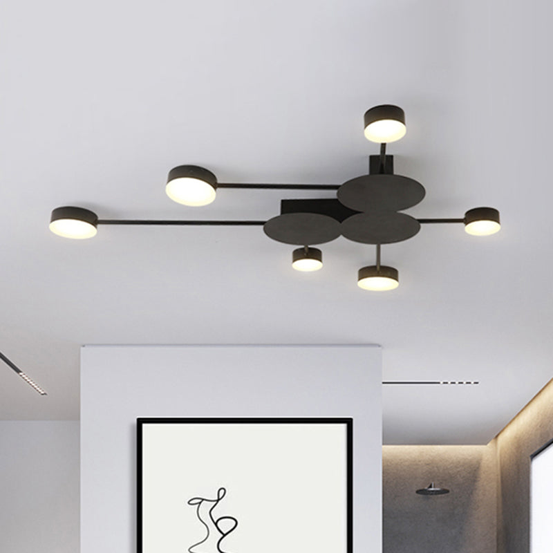 Linear Child Bedroom Semi Flush Ceiling Light with Drum Shade Metal Modern Ceiling Lamp in Black 6 Black Clearhalo 'Ceiling Lights' 'Close To Ceiling Lights' 'Close to ceiling' 'Semi-flushmount' Lighting' 494398