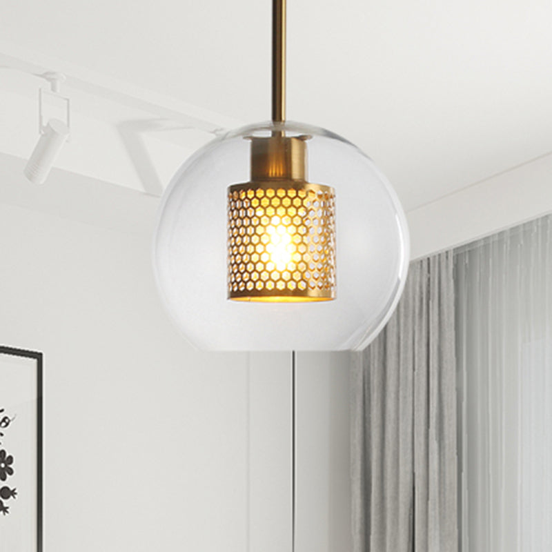 Simple Orb Shade Pendant Light with Cylinder Mesh Screen 1 Light Glass Hanging Lamp for Hallway Clearhalo 'Ceiling Lights' 'Glass shade' 'Glass' 'Modern Pendants' 'Modern' 'Pendant Lights' 'Pendants' Lighting' 494399