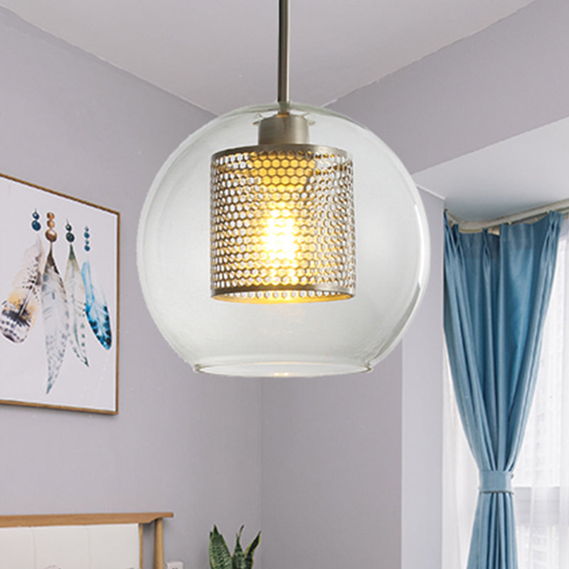 Simple Orb Shade Pendant Light with Cylinder Mesh Screen 1 Light Glass Hanging Lamp for Hallway Chrome Clearhalo 'Ceiling Lights' 'Glass shade' 'Glass' 'Modern Pendants' 'Modern' 'Pendant Lights' 'Pendants' Lighting' 494400