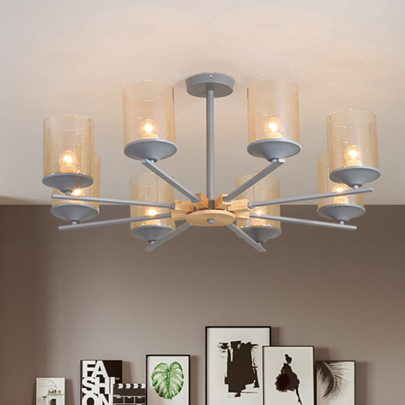 Cognac Cylinder Shade Chandelier Lighting 3/6 Heads Contemporary Wood Hanging Light for Living Room 6 Grey Clearhalo 'Ceiling Lights' 'Chandeliers' 'Glass shade' 'Glass' 'Modern Chandeliers' 'Modern' Lighting' 494418