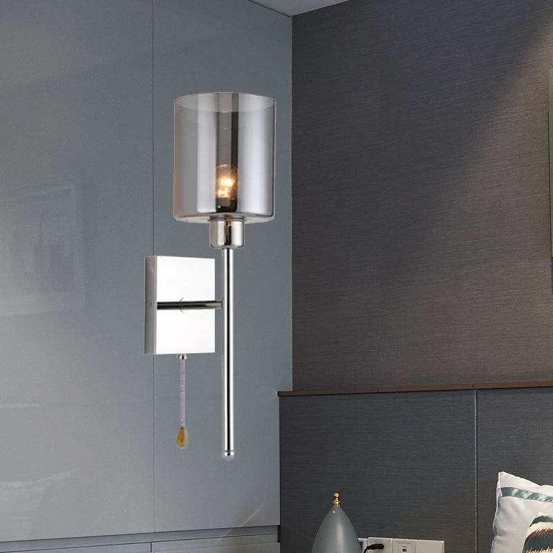 Beige/Chrome Cylindrical Sconce Modern 1 Light Smoke/Clear Glass Wall Mount Light with Switch/No Switch/Cable Switch Clearhalo 'Cast Iron' 'Glass' 'Industrial' 'Modern wall lights' 'Modern' 'Tiffany' 'Traditional wall lights' 'Wall Lamps & Sconces' 'Wall Lights' Lighting' 494459