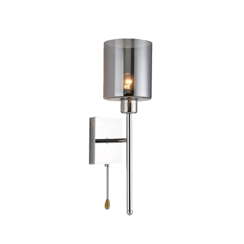 Beige/Chrome Cylindrical Sconce Modern 1 Light Smoke/Clear Glass Wall Mount Light with Switch/No Switch/Cable Switch Clearhalo 'Cast Iron' 'Glass' 'Industrial' 'Modern wall lights' 'Modern' 'Tiffany' 'Traditional wall lights' 'Wall Lamps & Sconces' 'Wall Lights' Lighting' 494460