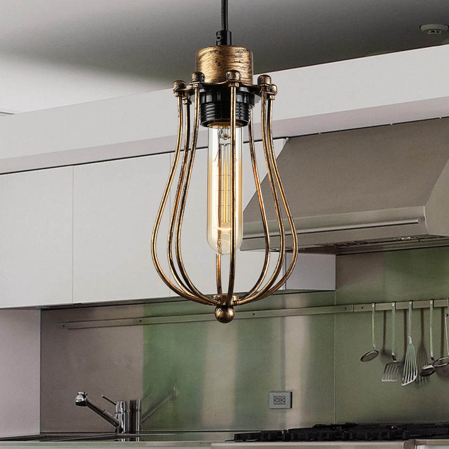 Caged Metal Pendant Light Industrial 1 Bulb Dining Room Hanging Lamp with Teardrop Shade in Brass/White/Black Brass Clearhalo 'Ceiling Lights' 'Modern Pendants' 'Modern' 'Pendant Lights' 'Pendants' Lighting' 4972