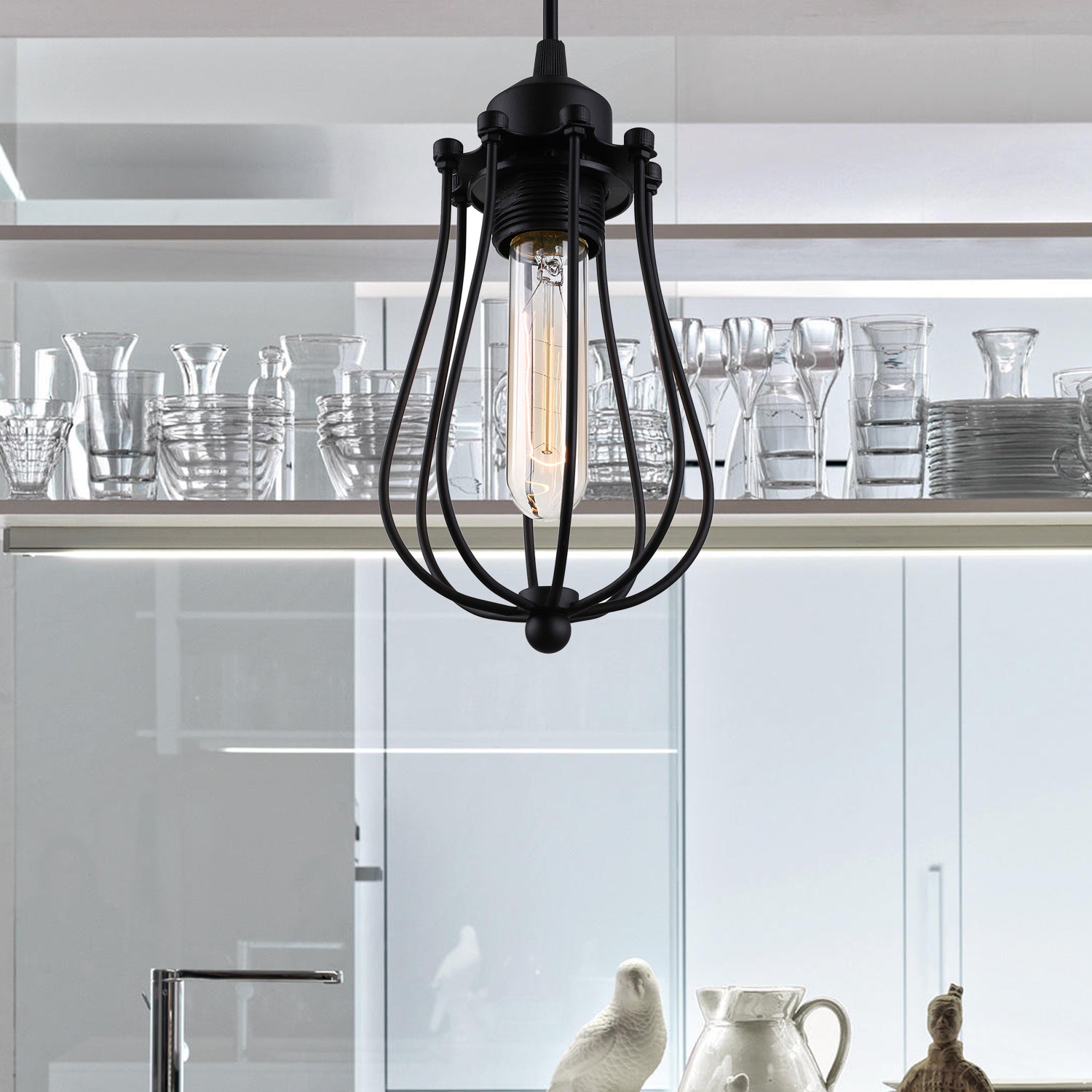 Caged Metal Pendant Light Industrial 1 Bulb Dining Room Hanging Lamp with Teardrop Shade in Brass/White/Black Black Clearhalo 'Ceiling Lights' 'Modern Pendants' 'Modern' 'Pendant Lights' 'Pendants' Lighting' 4977