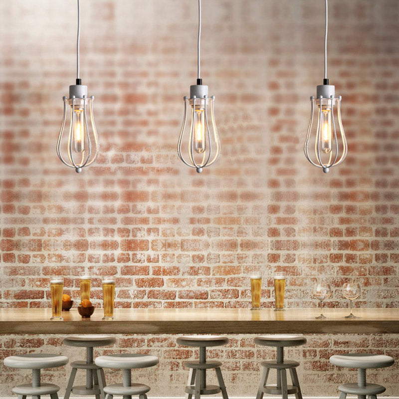 Caged Metal Pendant Light Industrial 1 Bulb Dining Room Hanging Lamp with Teardrop Shade in Brass/White/Black White Clearhalo 'Ceiling Lights' 'Modern Pendants' 'Modern' 'Pendant Lights' 'Pendants' Lighting' 4982