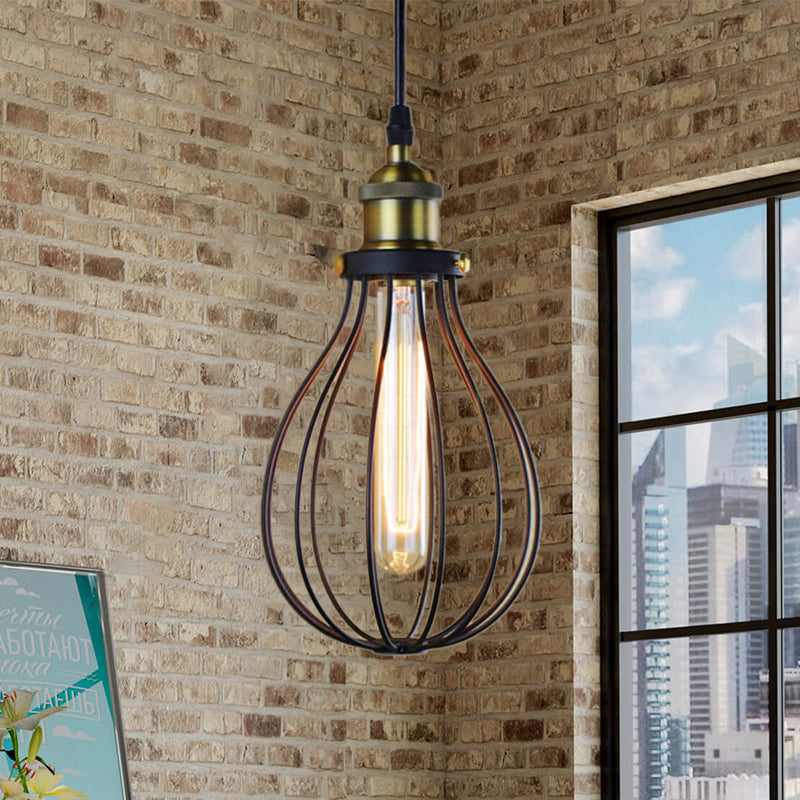 Metallic Black/Brass Pendant Ceiling Light Wire Cage 1 Light Vintage Industrial Ceiling Light with Bulb Shade Brass Clearhalo 'Ceiling Lights' 'Modern Pendants' 'Modern' 'Pendant Lights' 'Pendants' Lighting' 4987