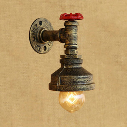 Water Pipe Metal Wall Lighting Rustic Style 1 Light Restaurant Wall Mounted Lamp with Red Valve in Bronze/Antique Brass Antique Brass Clearhalo 'Art deco wall lights' 'Cast Iron' 'Glass' 'Industrial wall lights' 'Industrial' 'Middle century wall lights' 'Modern' 'Rustic wall lights' 'Tiffany' 'Traditional wall lights' 'Wall Lamps & Sconces' 'Wall Lights' Lighting' 49881