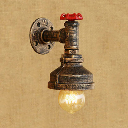 Water Pipe Metal Wall Lighting Rustic Style 1 Light Restaurant Wall Mounted Lamp with Red Valve in Bronze/Antique Brass Bronze Clearhalo 'Art deco wall lights' 'Cast Iron' 'Glass' 'Industrial wall lights' 'Industrial' 'Middle century wall lights' 'Modern' 'Rustic wall lights' 'Tiffany' 'Traditional wall lights' 'Wall Lamps & Sconces' 'Wall Lights' Lighting' 49884