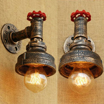 Water Pipe Metal Wall Lighting Rustic Style 1 Light Restaurant Wall Mounted Lamp with Red Valve in Bronze/Antique Brass Clearhalo 'Art deco wall lights' 'Cast Iron' 'Glass' 'Industrial wall lights' 'Industrial' 'Middle century wall lights' 'Modern' 'Rustic wall lights' 'Tiffany' 'Traditional wall lights' 'Wall Lamps & Sconces' 'Wall Lights' Lighting' 49885